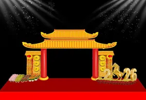 Backdrop Tết 2026 Giáp Ngọ – Cổng Chùa Vàng và Linh Vật Ngựa