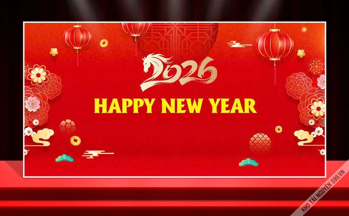 Backdrop Tết 2026 Đỏ May Mắn - Thiết Kế Chuyên Nghiệp Dễ Chỉnh Sửa