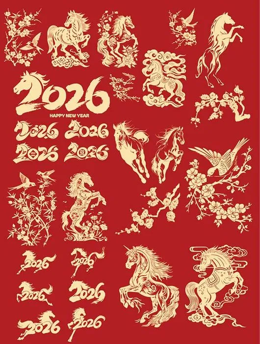 Vector Ngựa Tết 2026 & Hoa Mai, Đào - Thiết Kế Chúc Mừng Năm Mới