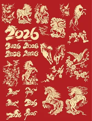 Vector Ngựa Tết 2026 & Hoa Mai, Đào - Thiết Kế Chúc Mừng Năm Mới
