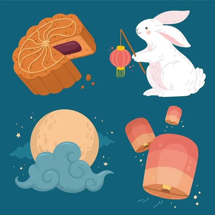 Thỏ ngọc vui đùa bên chồng bánh trung thu.