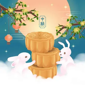 Thỏ ngọc vui đùa bên chồng bánh trung thu.