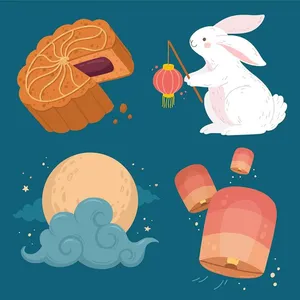 Thỏ ngọc vui đùa bên chồng bánh trung thu.