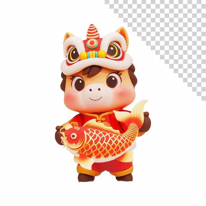 Hình Minh Họa Chú Ngựa Dễ Thương Trang Trí Tết Cầm Cá Chép PSD