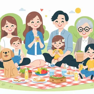File vector AI minh họa gia đình picnic ngoài trời cùng thú cưng vui vẻ