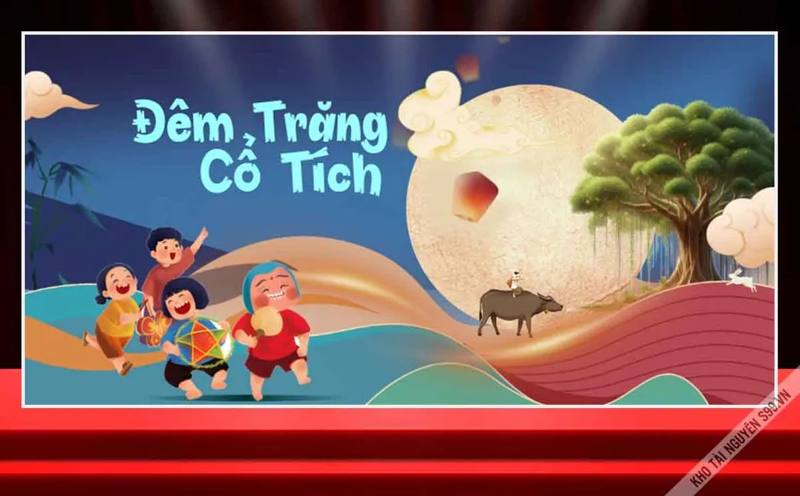 Phông sân khấu Đêm Trăng Cổ Tích Trung Thu thiếu nhi trăng rằm cây đa File Corel