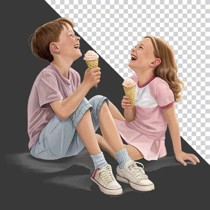 2 Bạn Nhỏ Ăn Kem Vui Vẻ - Hình Ảnh PNG Chất Lượng Cao