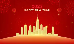 File EPS Tết 2025 thành phố vàng chúc mừng năm mới nền đỏ pháo hoa.