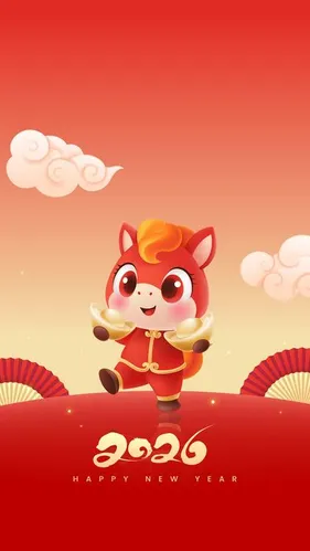 Ngựa hoạt hình cầm thỏi vàng mừng năm mới 2026 Ai