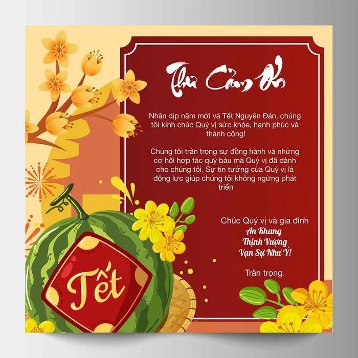 Mẫu thiệp thư cảm ơn dịp Tết 2026 kèm hoa mai và bánh chưng xanh