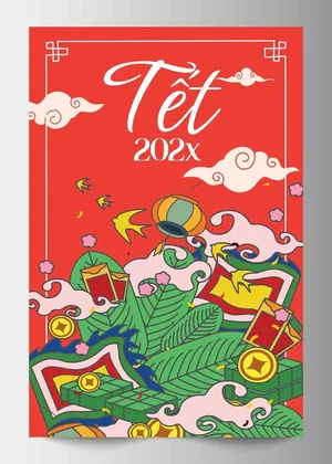 Poster Tết 202x phong cách minh họa truyền thống File Ai