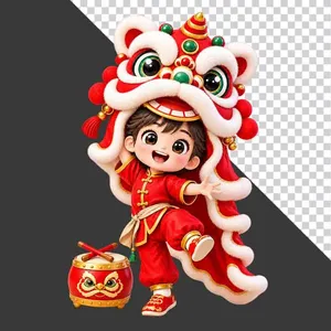 Hình ảnh em bé trai mặc áo dài đỏ đội đầu lân múa trống hội tách nền PNG chất lượng cao