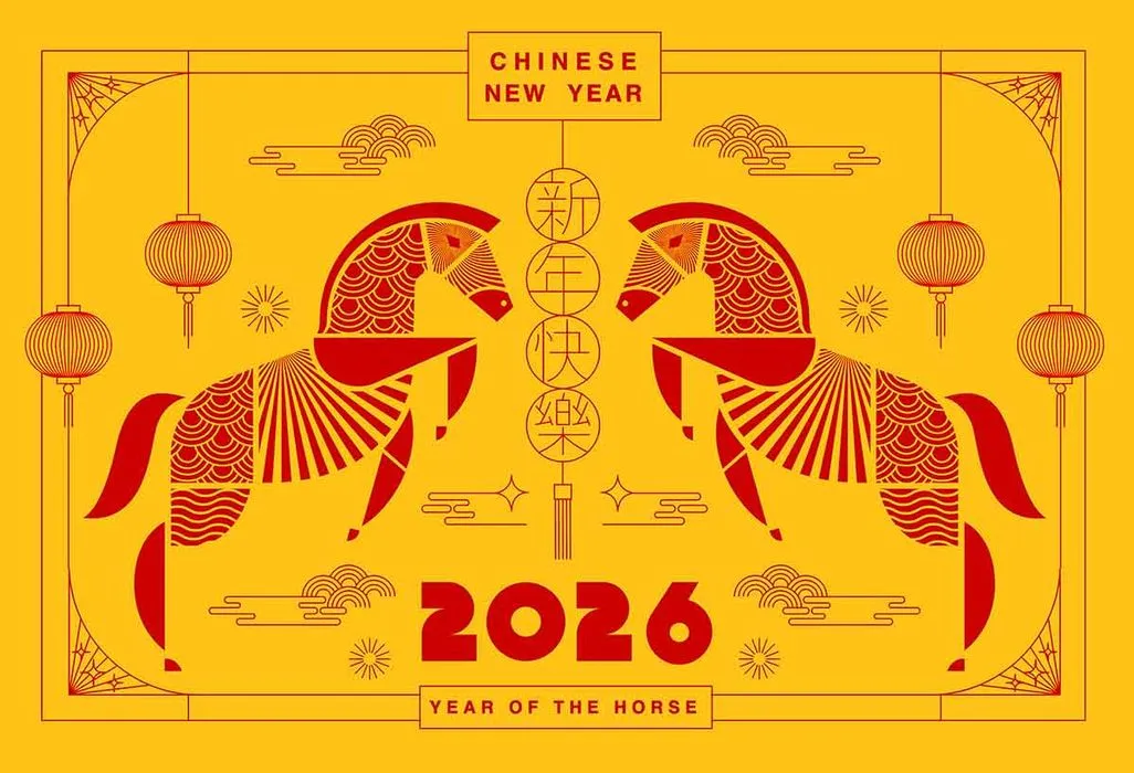 Mẫu background Tết 2026 năm con Ngựa phong cách hình khối vàng đỏ