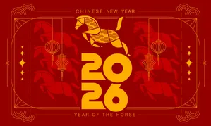 Thiệp Chúc Mừng Năm Mới 2026 Ngựa Vàng Đỏ Tối Giản