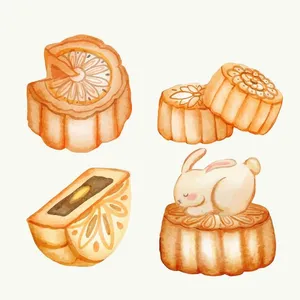 File Ai minh họa bánh trung thu nhiều kiểu dáng, kèm thỏ trắng dễ thương.
