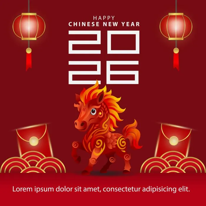 Ngựa đỏ hoạt hình nổi bật cùng số 2026 và đèn lồng - File Ai