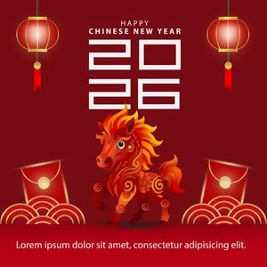 Ngựa đỏ hoạt hình nổi bật cùng số 2026 và đèn lồng - File Ai