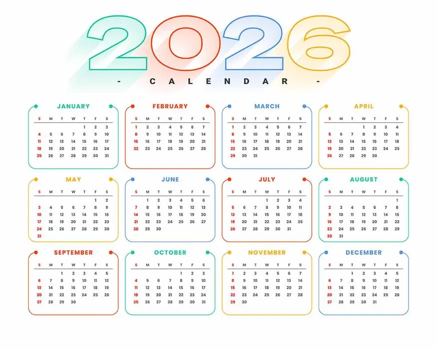 File lịch 2026 vector nhiều màu viền bo tròn, chữ số lớn dễ nhìn