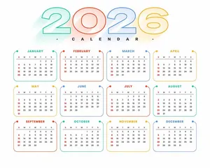 File lịch 2026 vector nhiều màu viền bo tròn, chữ số lớn dễ nhìn