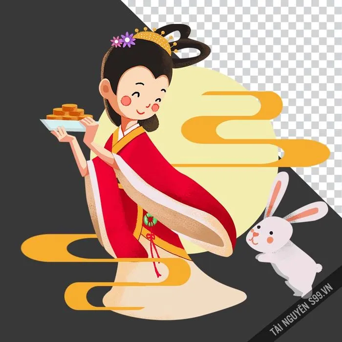 Chị Hằng áo tím hồng cầm bánh Trung Thu – Hình minh họa PNG