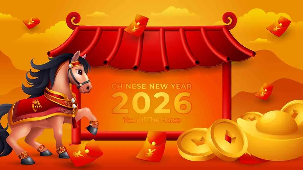 Hình ảnh chúc Tết 2026 Năm con Ngựa với bao lì xì và vàng may mắn