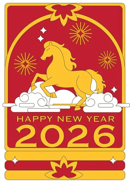 Thiệp chúc mừng năm mới 2026 họa tiết ngựa vàng File vector