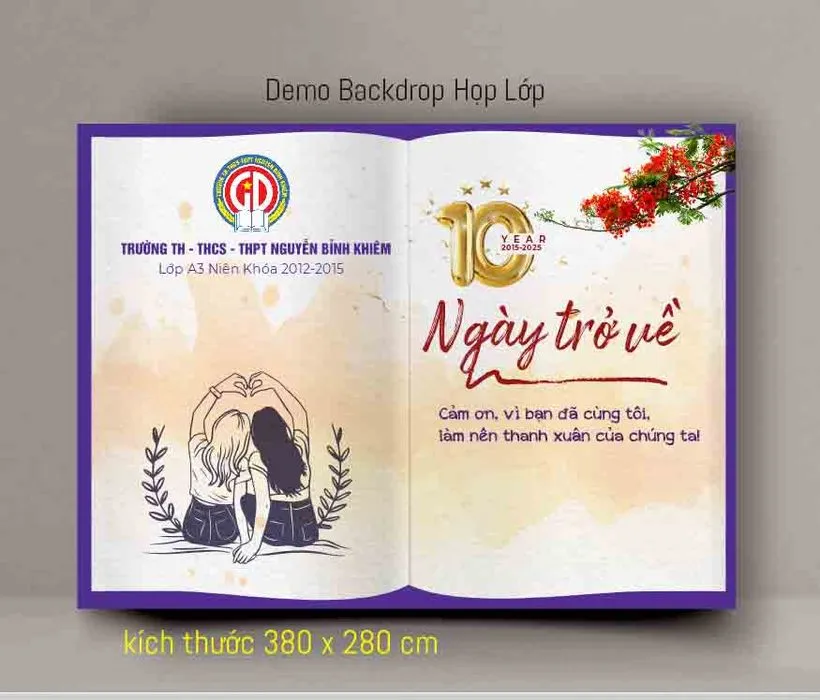 Mẫu thiết kế backdrop họp lớp 10 năm ngày trở về Trường Nguyễn Bỉnh Khiêm File Corel