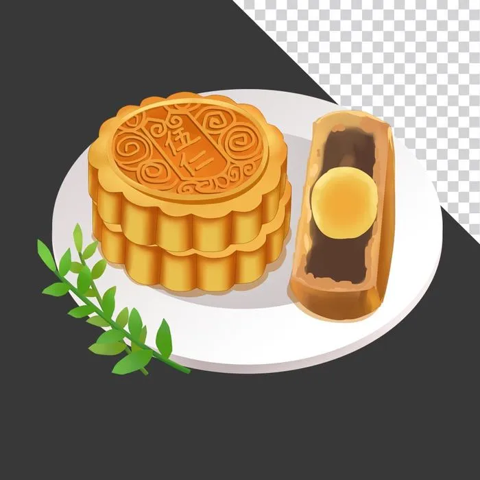 Bánh trung thu nhân trứng muối vàng óng trên đĩa trắng - File PNG minh họa