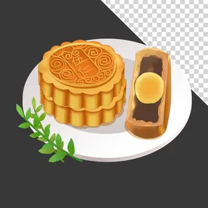 Bánh trung thu nhân trứng muối vàng óng trên đĩa trắng - File PNG minh họa