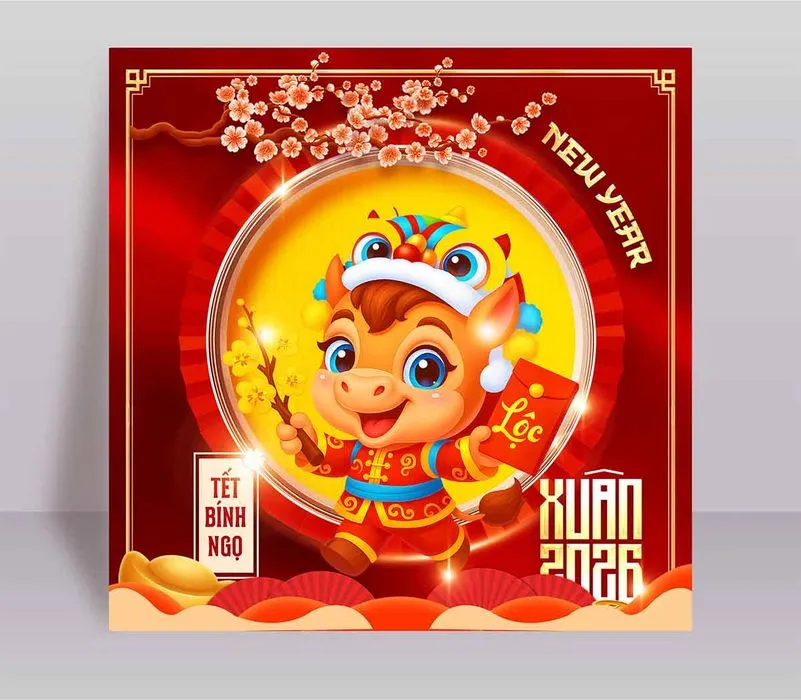 File PSD chúc mừng năm mới 2026 Tết Bính Ngọ phong cách hoạt hình dễ thương
