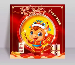 File PSD chúc mừng năm mới 2026 Tết Bính Ngọ phong cách hoạt hình dễ thương