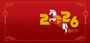 Banner 2026 Ngựa Vàng Họa Tiết Hoa Đỏ
