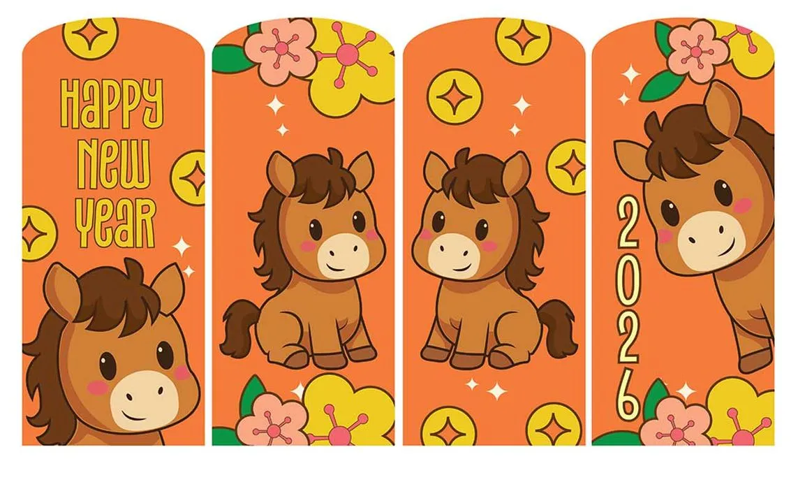 Bộ phong bao lì xì Tết 2026 hình ngựa con dễ thương màu cam - File vector AI