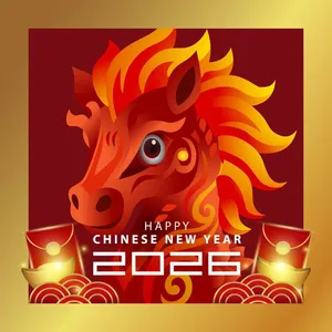 Ngựa đỏ bờm vàng và đèn lồng chúc mừng năm mới 2026 - File Ai
