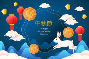 Thỏ trắng tung tăng giữa bầu trời trăng rằm, xung quanh là bánh trung thu và đèn lồng đỏ. File Ai.