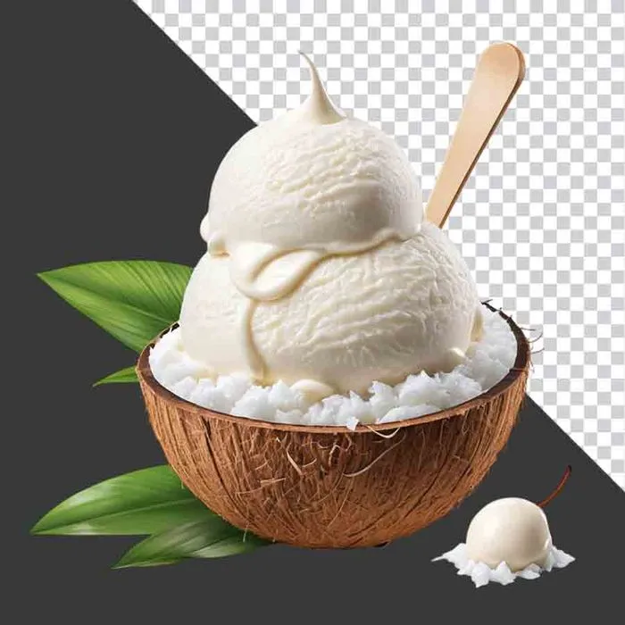 Viên kem dừa mát lạnh đựng trong vỏ dừa.png