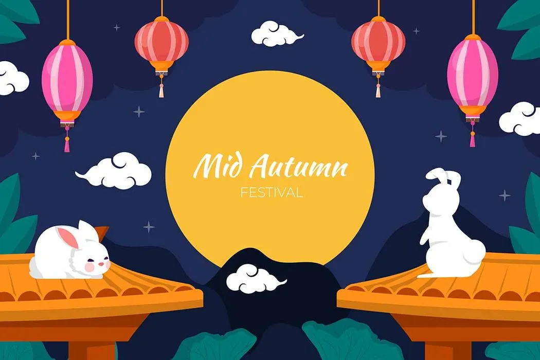 Hai chú thỏ ngồi trên mái nhà dưới trăng rằm, xung quanh treo đèn lồng Trung Thu. File Ai.
