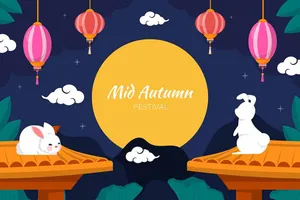 Hai chú thỏ ngồi trên mái nhà dưới trăng rằm, xung quanh treo đèn lồng Trung Thu. File Ai.