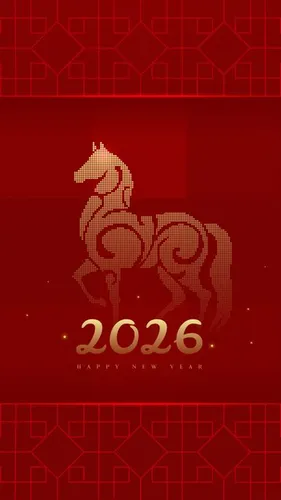 Thiết kế ngựa pixel vàng nghệ thuật 2026 nền đỏ – File Ai