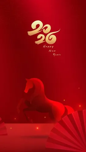 Background Happy New Year 2026 Ngựa Đỏ Và Quạt File Ai