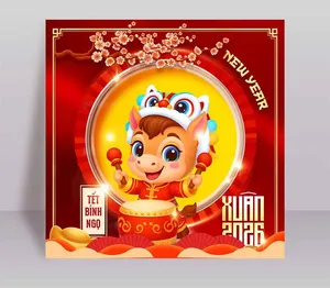 Bé ngựa dễ thương gõ trống mừng xuân 2026 File PSD