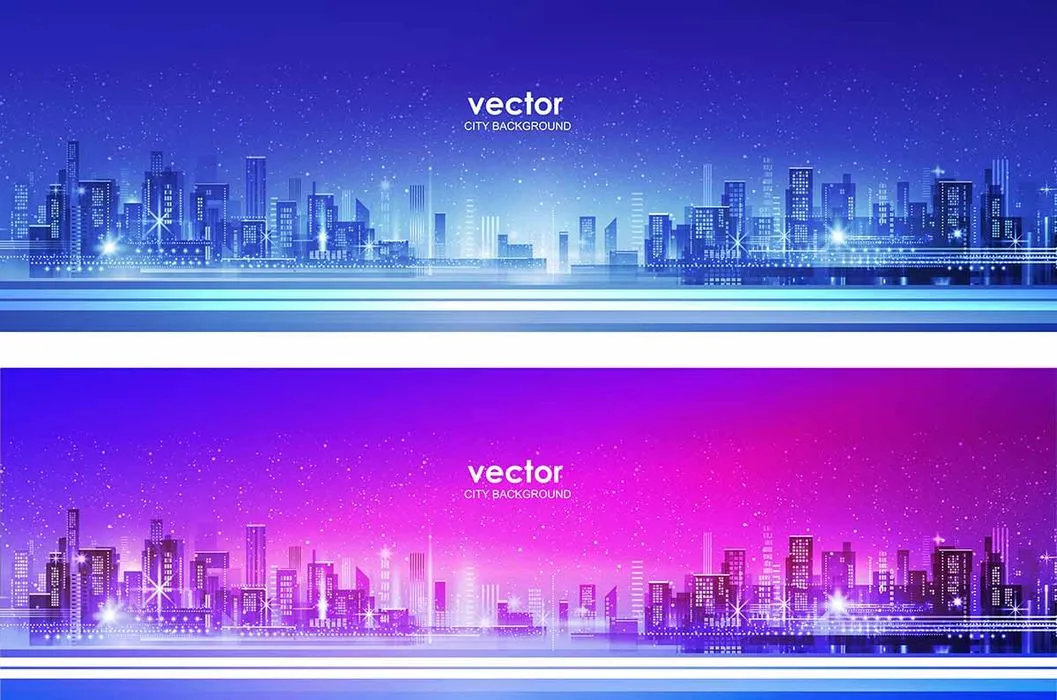 Thành phố hiện đại skyline ánh sáng xanh và hồng neon File EPS