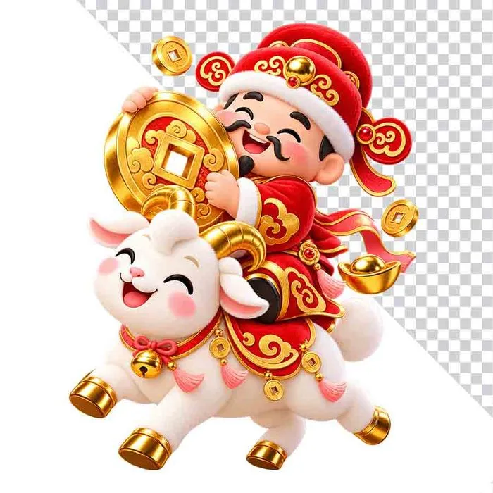 Hình ảnh thần tài ôm đồng tiền vàng lớn cưỡi dê trắng - File PNG