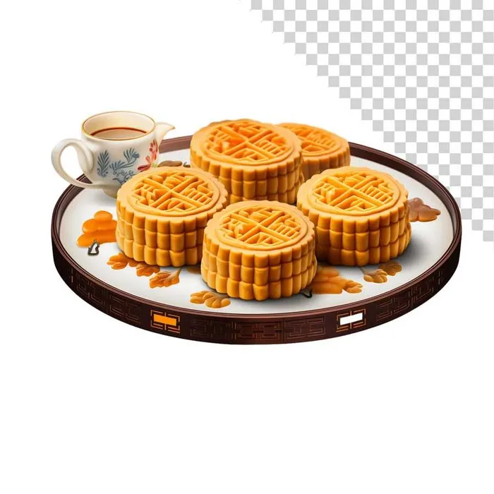 Đĩa bánh trung thu vàng óng cùng tách trà - File PNG