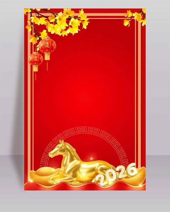 File PSD Thiệp chúc mừng năm mới 2026 hình ngựa vàng và hoa mai