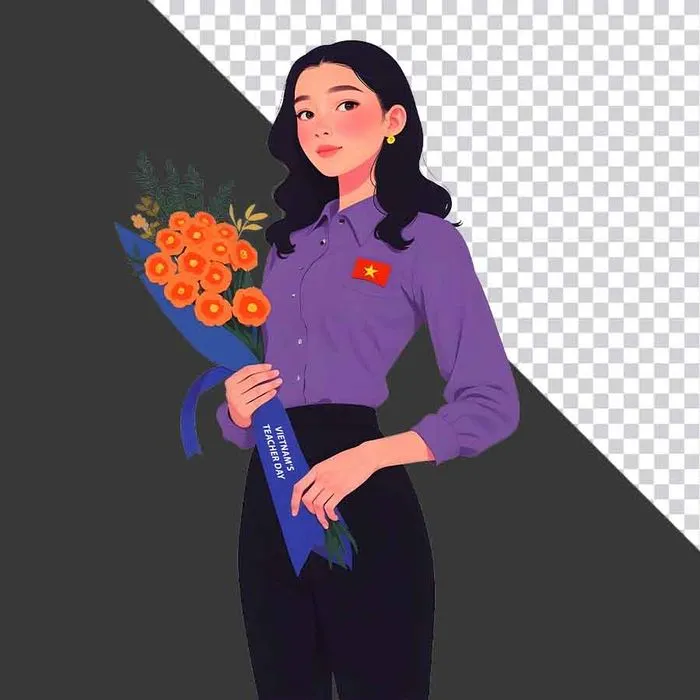 File PNG hình ảnh cô gái mặc áo tím có cờ Việt Nam cầm bó hoa chúc mừng ngày nhà giáo