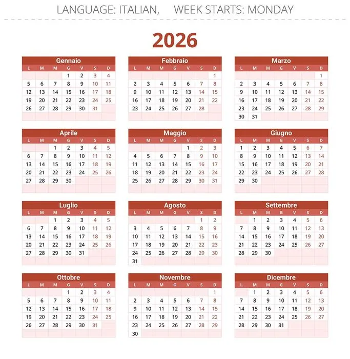 Lịch năm 2026 vector màu đỏ trắng rõ ràng