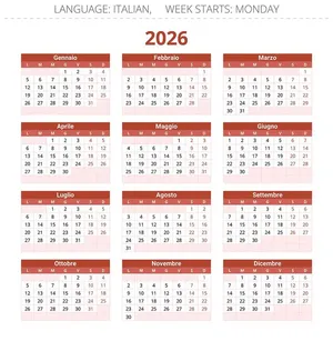 Lịch năm 2026 vector màu đỏ trắng rõ ràng