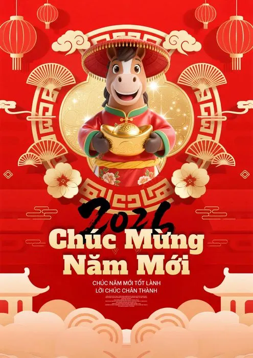 Tết 2026 ngựa 3D cầm vàng chúc mừng năm mới.PSD