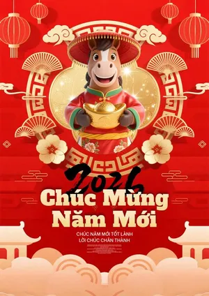 Tết 2026 ngựa 3D cầm vàng chúc mừng năm mới.PSD
